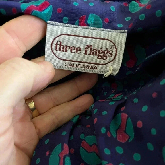 Vintage 70’s silky three flaggs California saturn novelty pattern blue top-L - Picture 5 of 11